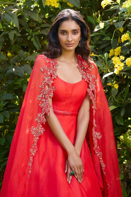 Buy_Dolly J_Orange Organza Embroidery, Beads, Zari Scoop Neck Anarkali And Border Cape Set _Online_at_Aza_Fashions