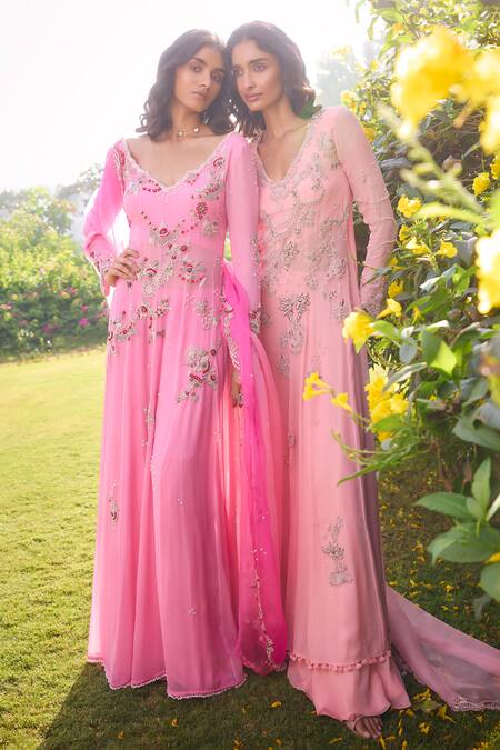Dolly J_Pink Chiffon Beads, Embroidery V-neck Devorah Parsi _Online_at_Aza_Fashions
