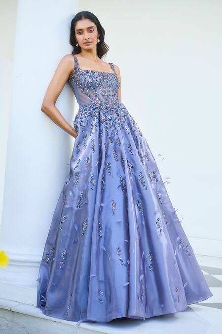 Dolly J_Purple Organza Sequins, Cut Work Square Neck Orna Embroidered Gown _Online_at_Aza_Fashions
