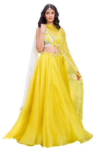 Dolly J_Yellow Organza Beads V-neck Elke Lehenga And Embroidered Blouse Set _Online_at_Aza_Fashions