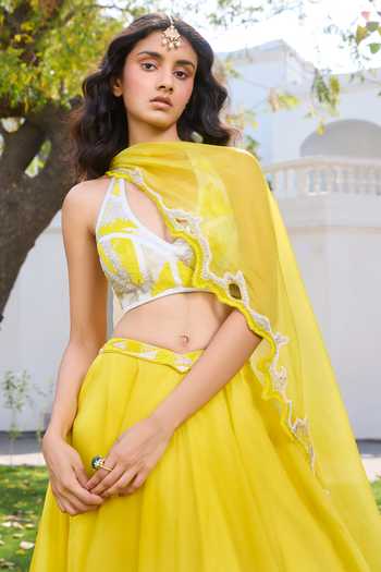 Buy_Dolly J_Yellow Organza Beads V-neck Elke Lehenga And Embroidered Blouse Set _Online_at_Aza_Fashions