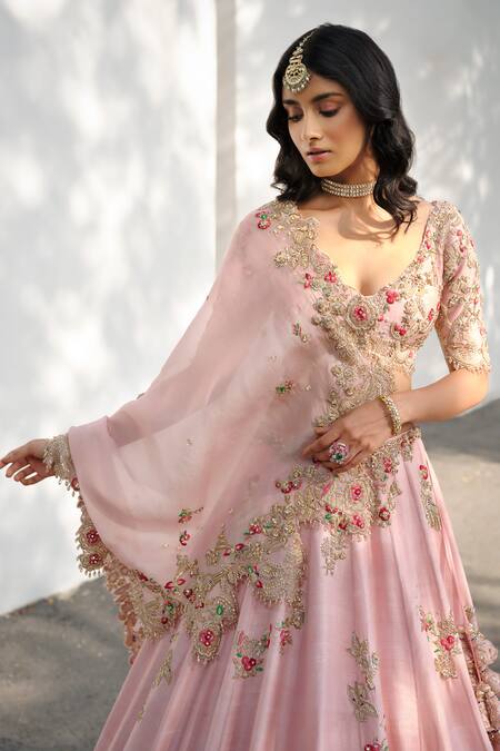 Dolly J Pink Silk Crystals, Zari, Embroidery V-neck Eidel Raw Bridal Lehenga Set Online at Aza Fashions Dolly J_Pink Silk Crystals, Zari, Embroidery V-neck Eidel Raw Bridal Lehenga Set _Online_at_Aza_Fashions