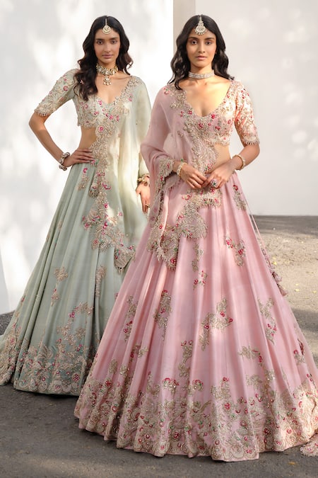 Shop Dolly J Pink Silk Crystals, Zari, Embroidery V-neck Eidel Raw Bridal Lehenga Set Online at Aza Fashions Shop_Dolly J_Pink Silk Crystals, Zari, Embroidery V-neck Eidel Raw Bridal Lehenga Set _Online_at_Aza_Fashions