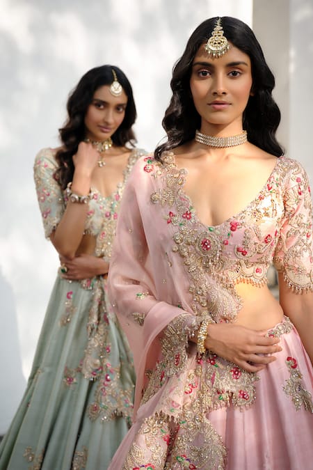 Dolly J Pink Silk Crystals, Zari, Embroidery V-neck Eidel Raw Bridal Lehenga Set at Aza Fashions Dolly J_Pink Silk Crystals, Zari, Embroidery V-neck Eidel Raw Bridal Lehenga Set _at_Aza_Fashions