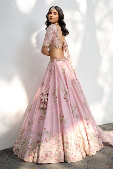 Shop Dolly J Pink Silk Crystals, Zari, Embroidery V-neck Eidel Raw Bridal Lehenga Set at Aza Fashions Shop_Dolly J_Pink Silk Crystals, Zari, Embroidery V-neck Eidel Raw Bridal Lehenga Set _at_Aza_Fashions