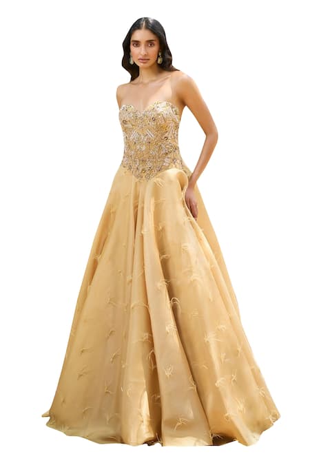 Dolly J_Gold Organza Crystals, Sequins Sweetheart Neck Naomi Corset Embroidered Gown _Online_at_Aza_Fashions