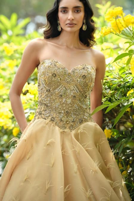 Buy_Dolly J_Gold Organza Crystals, Sequins Sweetheart Neck Naomi Corset Embroidered Gown _Online_at_Aza_Fashions