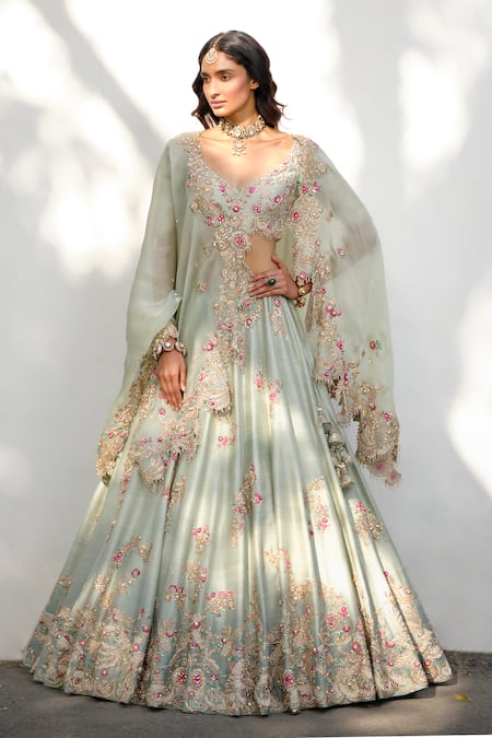 Dolly J Green Raw Silk Embroidery Floral V Neck Flower Vine Bridal Lehenga Set 