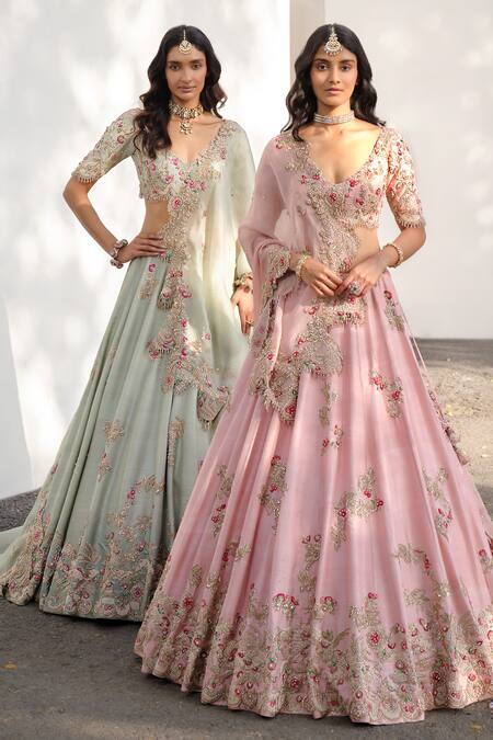 Dolly J Green Silk Beads, Crystals, Zari, Flower Vine Raw Bridal Lehenga Set Online at Aza Fashions Dolly J_Green Silk Beads, Crystals, Zari, Flower Vine Raw Bridal Lehenga Set _Online_at_Aza_Fashions