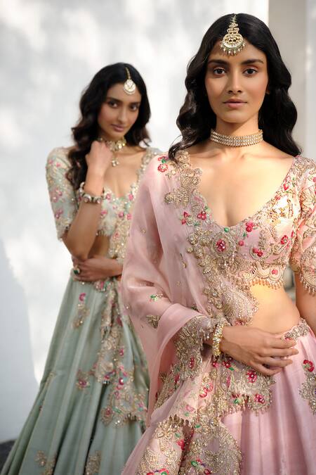 Buy Dolly J Green Silk Beads, Crystals, Zari, Flower Vine Raw Bridal Lehenga Set Online at Aza Fashions Buy_Dolly J_Green Silk Beads, Crystals, Zari, Flower Vine Raw Bridal Lehenga Set _Online_at_Aza_Fashions