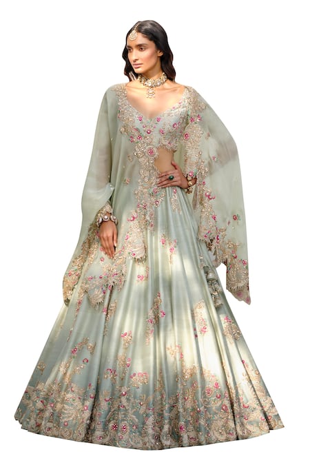 Shop Dolly J Green Silk Beads, Crystals, Zari, Flower Vine Raw Bridal Lehenga Set Online at Aza Fashions Shop_Dolly J_Green Silk Beads, Crystals, Zari, Flower Vine Raw Bridal Lehenga Set _Online_at_Aza_Fashions