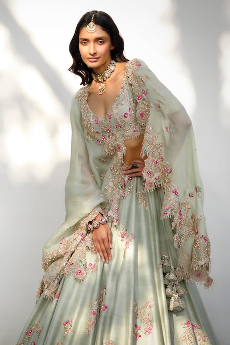 Dolly J Green Silk Beads, Crystals, Zari, Flower Vine Raw Bridal Lehenga Set at Aza Fashions Dolly J_Green Silk Beads, Crystals, Zari, Flower Vine Raw Bridal Lehenga Set _at_Aza_Fashions
