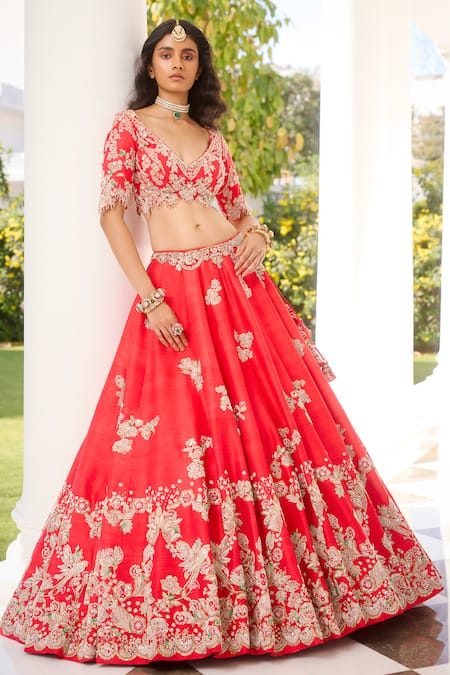 Buy_Dolly J_Red Silk Zari, Beads, Pearls V-neck Eden Floral Embroidered Bridal Lehenga Set _Online_at_Aza_Fashions