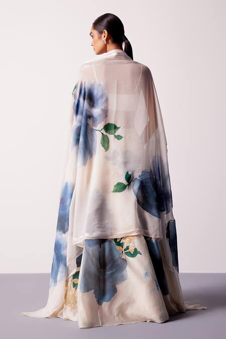 Shop_Devnaagri_Ivory Silk, Georgette, Satin Zari Sweetheart Neck Iris Hand Painted Lehenga Set_at_Aza_Fashions