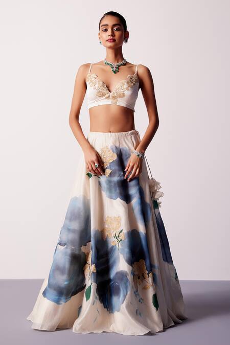 Devnaagri_Ivory Silk, Georgette, Satin Zari Sweetheart Neck Iris Hand Painted Lehenga Set_Online_at_Aza_Fashions