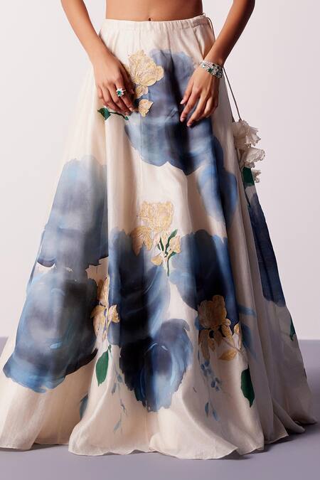 Buy_Devnaagri_Ivory Silk, Georgette, Satin Zari Sweetheart Neck Iris Hand Painted Lehenga Set_Online_at_Aza_Fashions