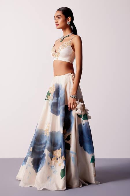 Shop_Devnaagri_Ivory Silk, Georgette, Satin Zari Sweetheart Neck Iris Hand Painted Lehenga Set_Online_at_Aza_Fashions