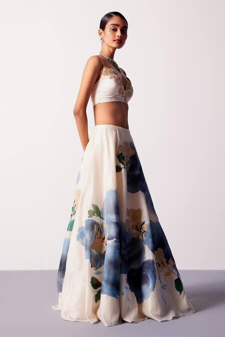 Devnaagri_Ivory Silk, Georgette, Satin Zari Sweetheart Neck Iris Hand Painted Lehenga Set_at_Aza_Fashions