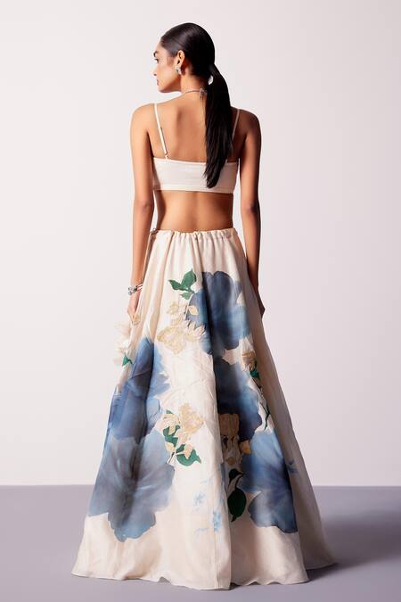 Buy_Devnaagri_Ivory Silk, Georgette, Satin Zari Sweetheart Neck Iris Hand Painted Lehenga Set