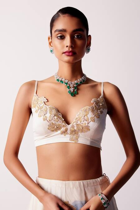 Shop_Devnaagri_Ivory Silk, Georgette, Satin Zari Sweetheart Neck Iris Hand Painted Lehenga Set