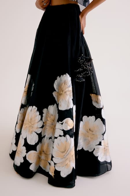 Buy_Devnaagri_Black Silk Organza, Silk, Chanderi Zari Daisy Hand Painted Lehenga Set _Online_at_Aza_Fashions