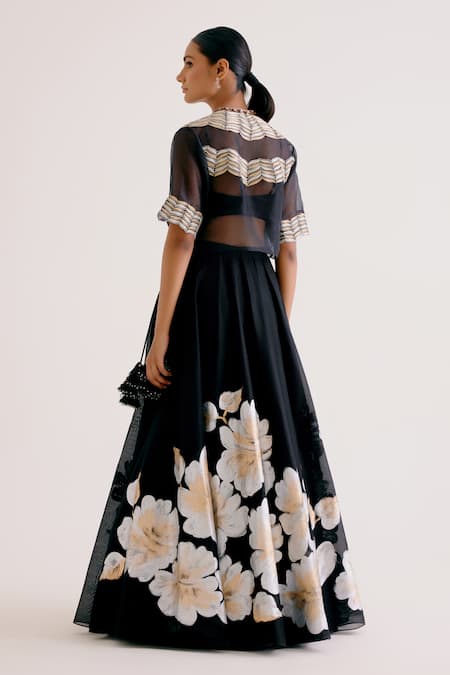 Shop_Devnaagri_Black Silk Organza, Silk, Chanderi Zari Daisy Hand Painted Lehenga Set _at_Aza_Fashions