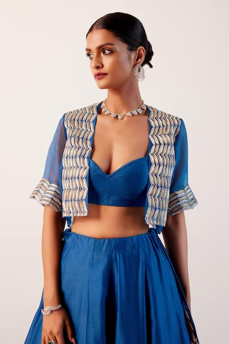 Buy_Devnaagri_Blue Organza, Zari Sweetheart Daisy Bloom Hand Painted Lehenga Set _Online_at_Aza_Fashions