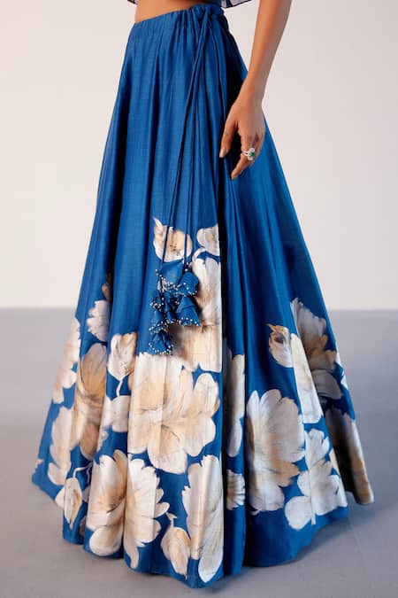 Shop_Devnaagri_Blue Organza, Zari Sweetheart Daisy Bloom Hand Painted Lehenga Set _Online_at_Aza_Fashions