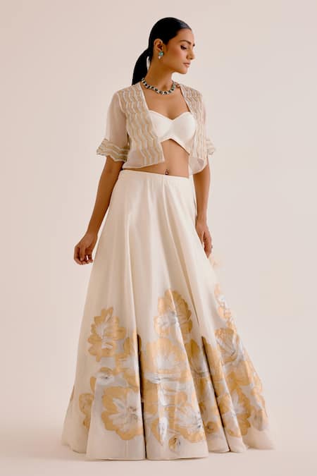 Shop Devnaagri Ivory Silk Organza, Silk, Chanderi Daisy Flora Hand Painted Lehenga Set Online at Aza Fashions Shop_Devnaagri_Ivory Silk Organza, Silk, Chanderi Daisy Flora Hand Painted Lehenga Set _Online_at_Aza_Fashions