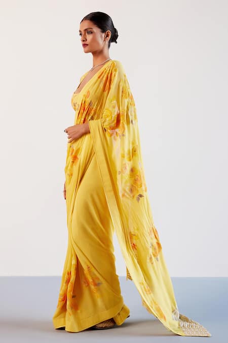 Devnaagri_Yellow Georgette, Chanderi, Silk Embroidery Bloom Hand Painted Saree With Blouse _Online_at_Aza_Fashions