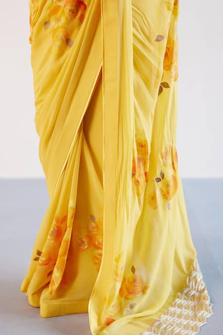 Buy_Devnaagri_Yellow Georgette, Chanderi, Silk Embroidery Bloom Hand Painted Saree With Blouse _Online_at_Aza_Fashions