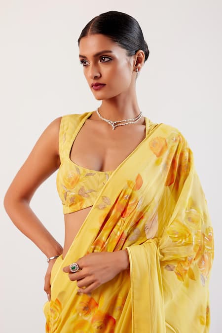 Shop_Devnaagri_Yellow Georgette, Chanderi, Silk Embroidery Bloom Hand Painted Saree With Blouse _Online_at_Aza_Fashions