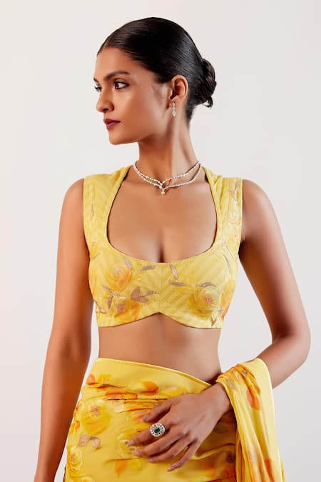 Devnaagri_Yellow Georgette, Chanderi, Silk Embroidery Bloom Hand Painted Saree With Blouse _at_Aza_Fashions