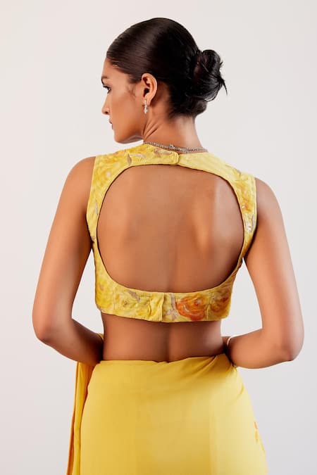 Buy_Devnaagri_Yellow Georgette, Chanderi, Silk Embroidery Bloom Hand Painted Saree With Blouse 