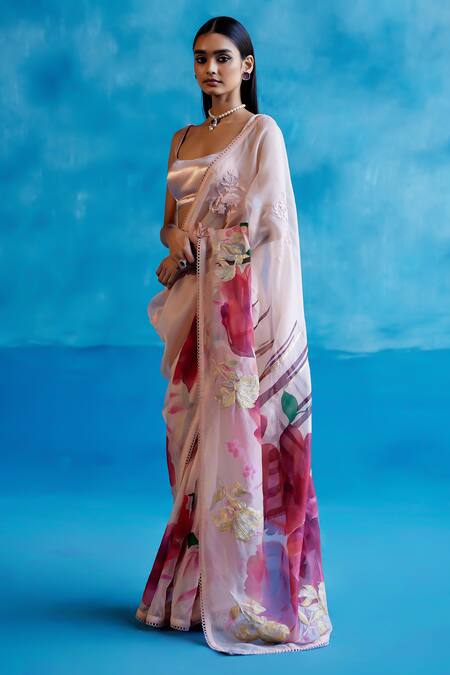 Buy_Devnaagri_Pink Silk Organza, Gabardine Lace, Phool Hand Painted Saree With Blouse _Online_at_Aza_Fashions