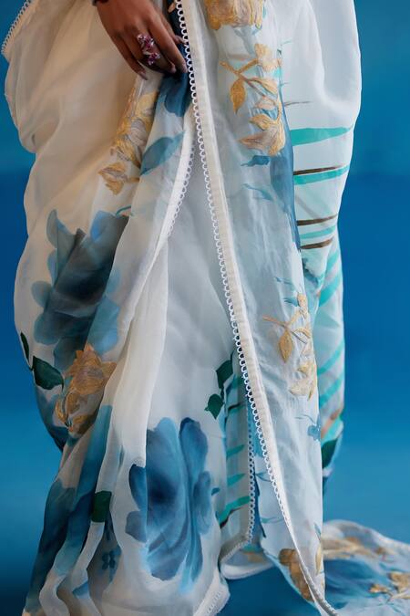 Devnaagri_Ivory Silk Organza, Gingham Lace, Embroidery Iris Hand Painted Saree With Blouse _Online_at_Aza_Fashions