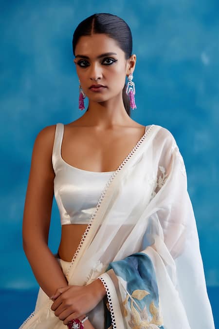 Buy_Devnaagri_Ivory Silk Organza, Gingham Lace, Embroidery Iris Hand Painted Saree With Blouse _Online_at_Aza_Fashions