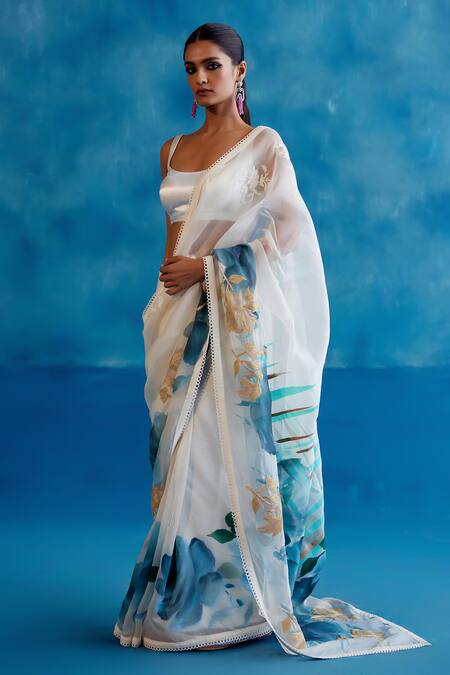 Shop_Devnaagri_Ivory Silk Organza, Gingham Lace, Embroidery Iris Hand Painted Saree With Blouse _Online_at_Aza_Fashions