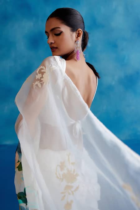 Devnaagri_Ivory Silk Organza, Gingham Lace, Embroidery Iris Hand Painted Saree With Blouse _at_Aza_Fashions