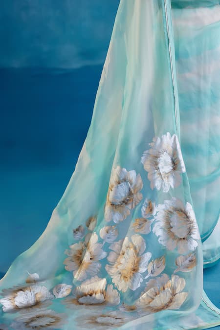 Devnaagri_Blue Silk Organza, Gabardine Bloom Hand Painted Leheriya Saree With Blouse _Online_at_Aza_Fashions
