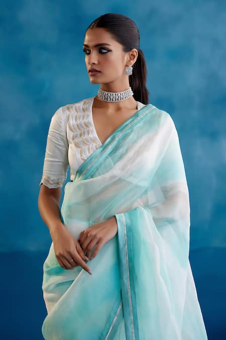 Shop_Devnaagri_Blue Silk Organza, Gabardine Bloom Hand Painted Leheriya Saree With Blouse _Online_at_Aza_Fashions