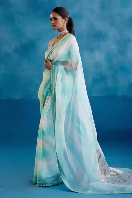 Devnaagri_Blue Silk Organza, Gabardine Bloom Hand Painted Leheriya Saree With Blouse _at_Aza_Fashions