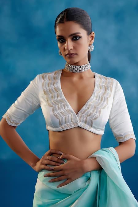 Buy_Devnaagri_Blue Silk Organza, Gabardine Bloom Hand Painted Leheriya Saree With Blouse 