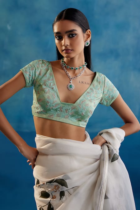 Devnaagri_Green Silk Organza, Gabardine Ivy Bloom Hand Painted Leheriya Saree With Blouse _Online_at_Aza_Fashions