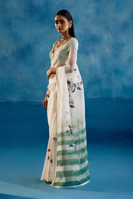 Buy_Devnaagri_Green Silk Organza, Gabardine Ivy Bloom Hand Painted Leheriya Saree With Blouse _Online_at_Aza_Fashions