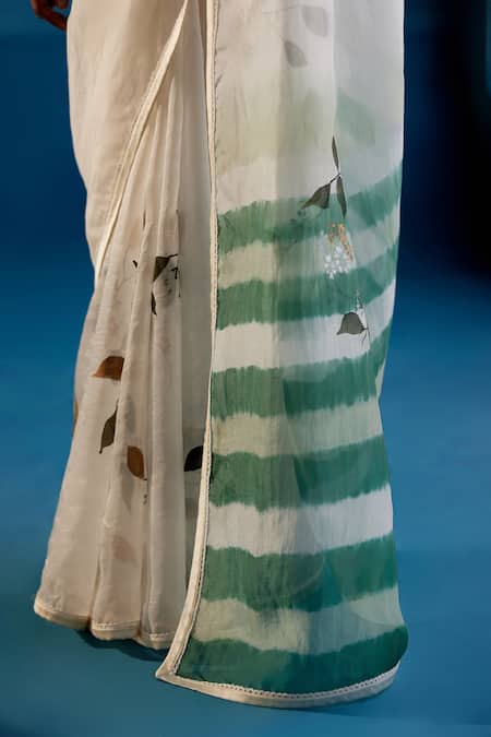 Shop_Devnaagri_Green Silk Organza, Gabardine Ivy Bloom Hand Painted Leheriya Saree With Blouse _Online_at_Aza_Fashions