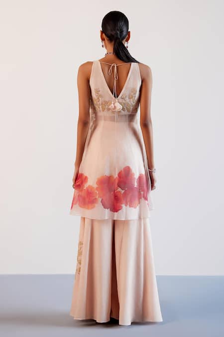 Shop Devnaagri Pink Organza, Zari, Vintage Rosa Hand Painted And Kurta Sharara Set at Aza Fashions Shop_Devnaagri_Pink Organza, Zari, Vintage Rosa Hand Painted And Kurta Sharara Set _at_Aza_Fashions