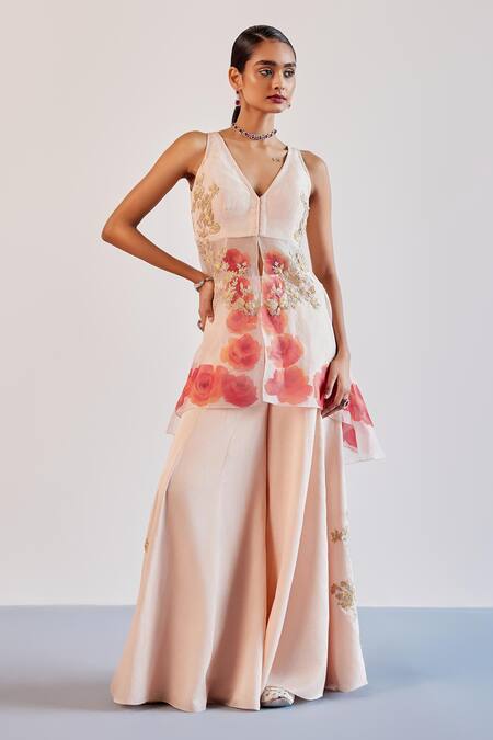 Devnaagri Pink Organza, Zari, Vintage Rosa Hand Painted And Kurta Sharara Set Online at Aza Fashions Devnaagri_Pink Organza, Zari, Vintage Rosa Hand Painted And Kurta Sharara Set _Online_at_Aza_Fashions