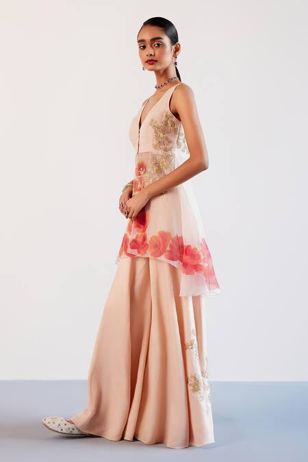 Buy Devnaagri Pink Organza, Zari, Vintage Rosa Hand Painted And Kurta Sharara Set Online at Aza Fashions Buy_Devnaagri_Pink Organza, Zari, Vintage Rosa Hand Painted And Kurta Sharara Set _Online_at_Aza_Fashions