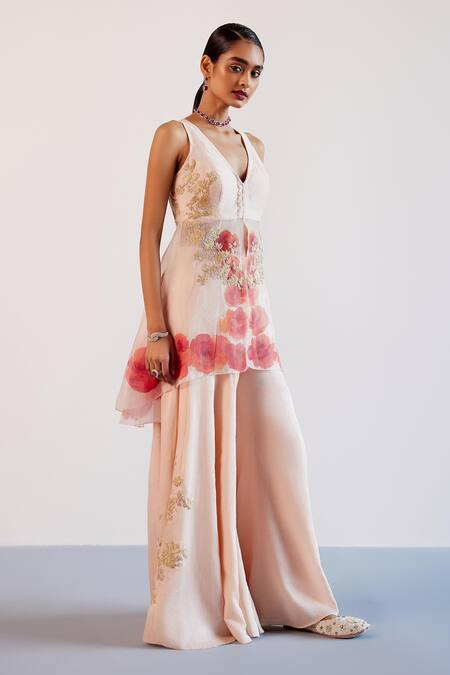 Shop Devnaagri Pink Organza, Zari, Vintage Rosa Hand Painted And Kurta Sharara Set Online at Aza Fashions Shop_Devnaagri_Pink Organza, Zari, Vintage Rosa Hand Painted And Kurta Sharara Set _Online_at_Aza_Fashions